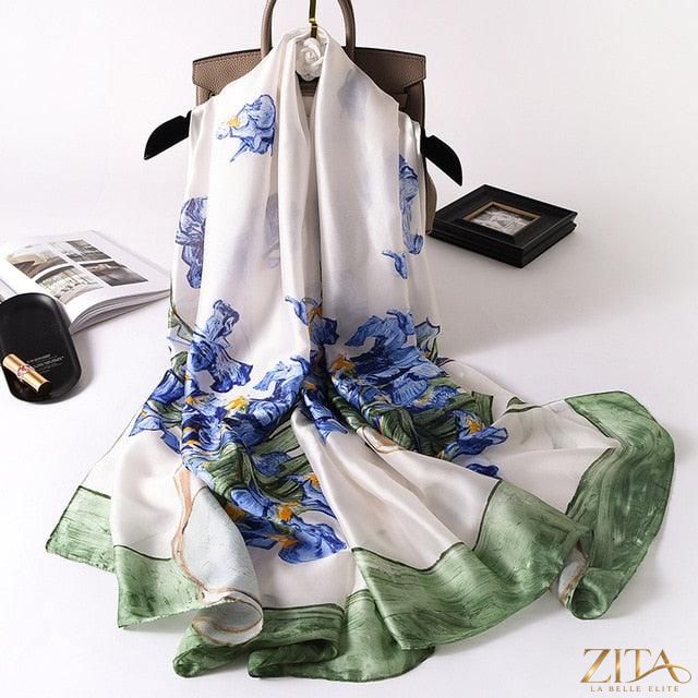 Luxury long printed silk scarf shawl by Zita La Belle Elite, featuring vibrant floral patterns and elegant drape.