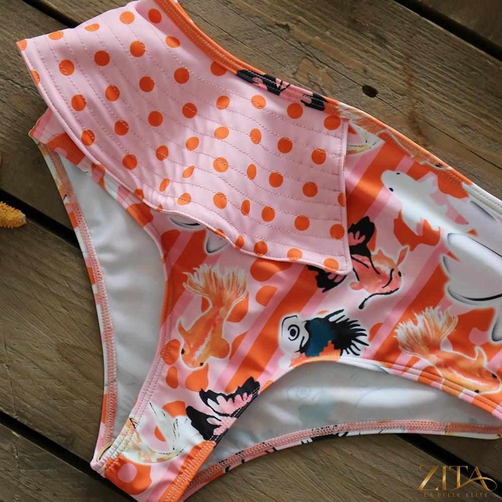 Zita La Belle Elite Ruffle Push-Up Bandage Bikini Set in vibrant colors, featuring ruffled top and high-waisted bottom.