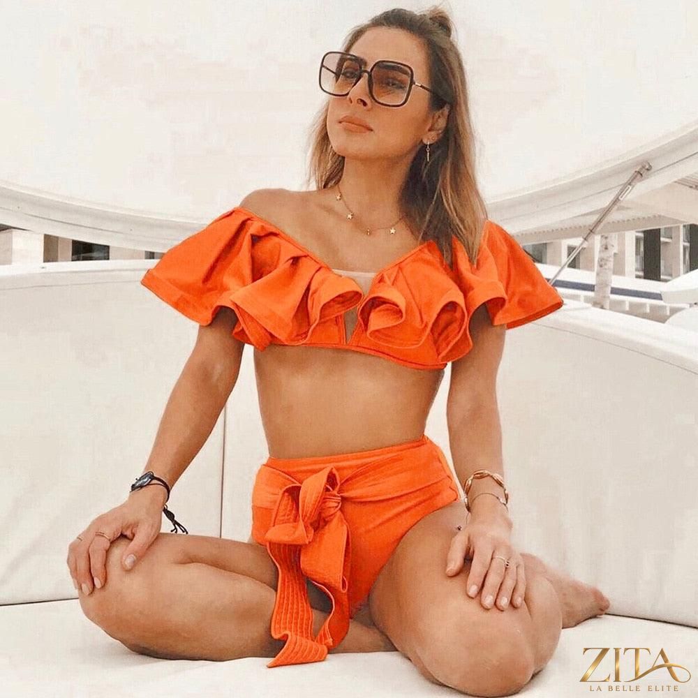 Zita La Belle Elite Ruffle Push-Up Bandage Bikini Set in dark red with ruffled top and matching bottom on a white background.