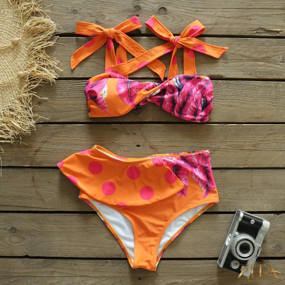 Zita La Belle Elite Ruffle Push-Up Bandage Bikini Set with ruffled top and matching bottoms, in a vibrant design.