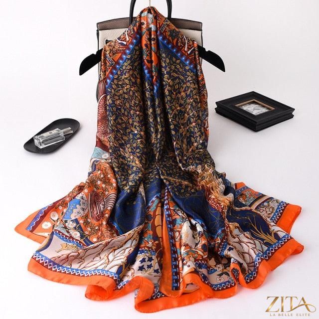 Elegant Zita La Belle Elite luxury long printed silk scarf shawl with intricate pattern and vibrant colors.