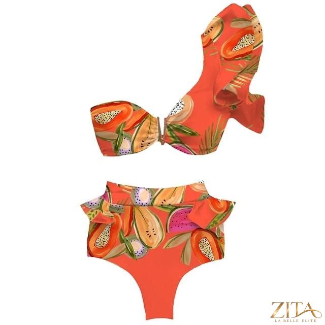 Zita La Belle Elite Ruffle Push-Up Bandage Bikini Set in dark red with ruffled top and matching bottom, stylish swimwear for women.