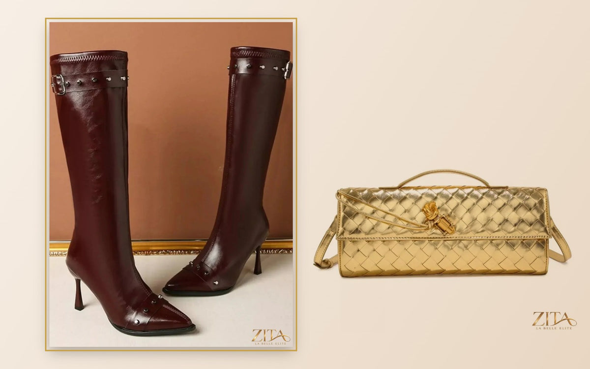 Burgundy pointed boots and gold woven bag