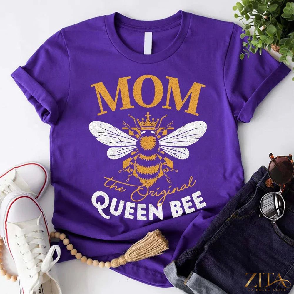 Zita La Belle Elite Mom Queen Bee T-shirt featuring fun, stylish design for Mother's Day, with bold bee graphic and comfortable fit.
