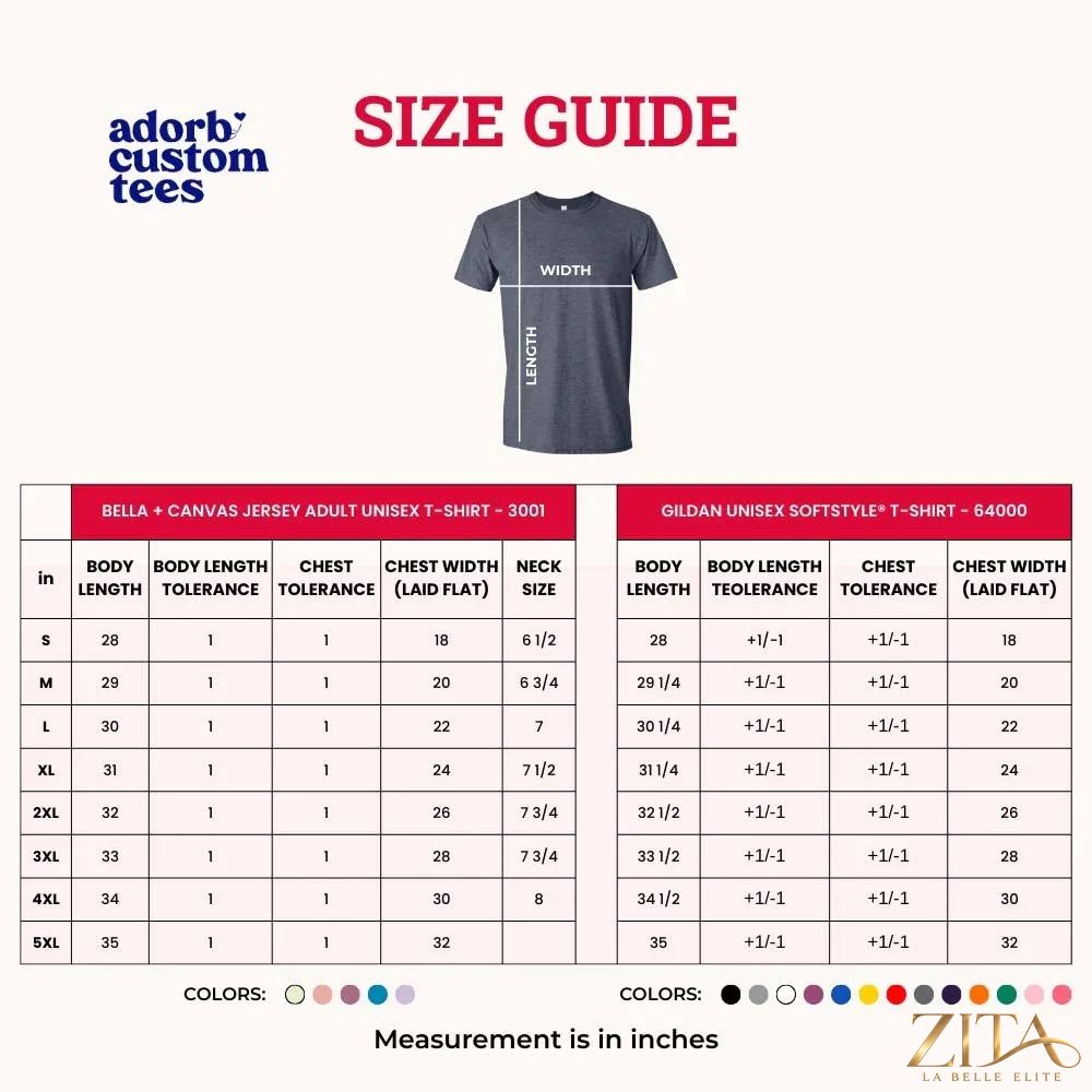 Zita La Belle Elite 4th of July patriotic T-shirt with "Celebrating Freedom Since 1776" design, shown with size chart.