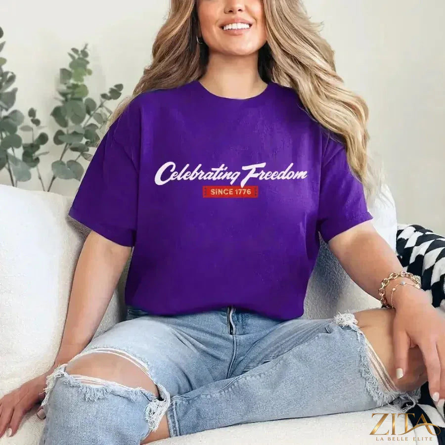 Purple 4th of July T-Shirt by Zita La Belle Elite with patriotic design celebrating freedom since 1776.