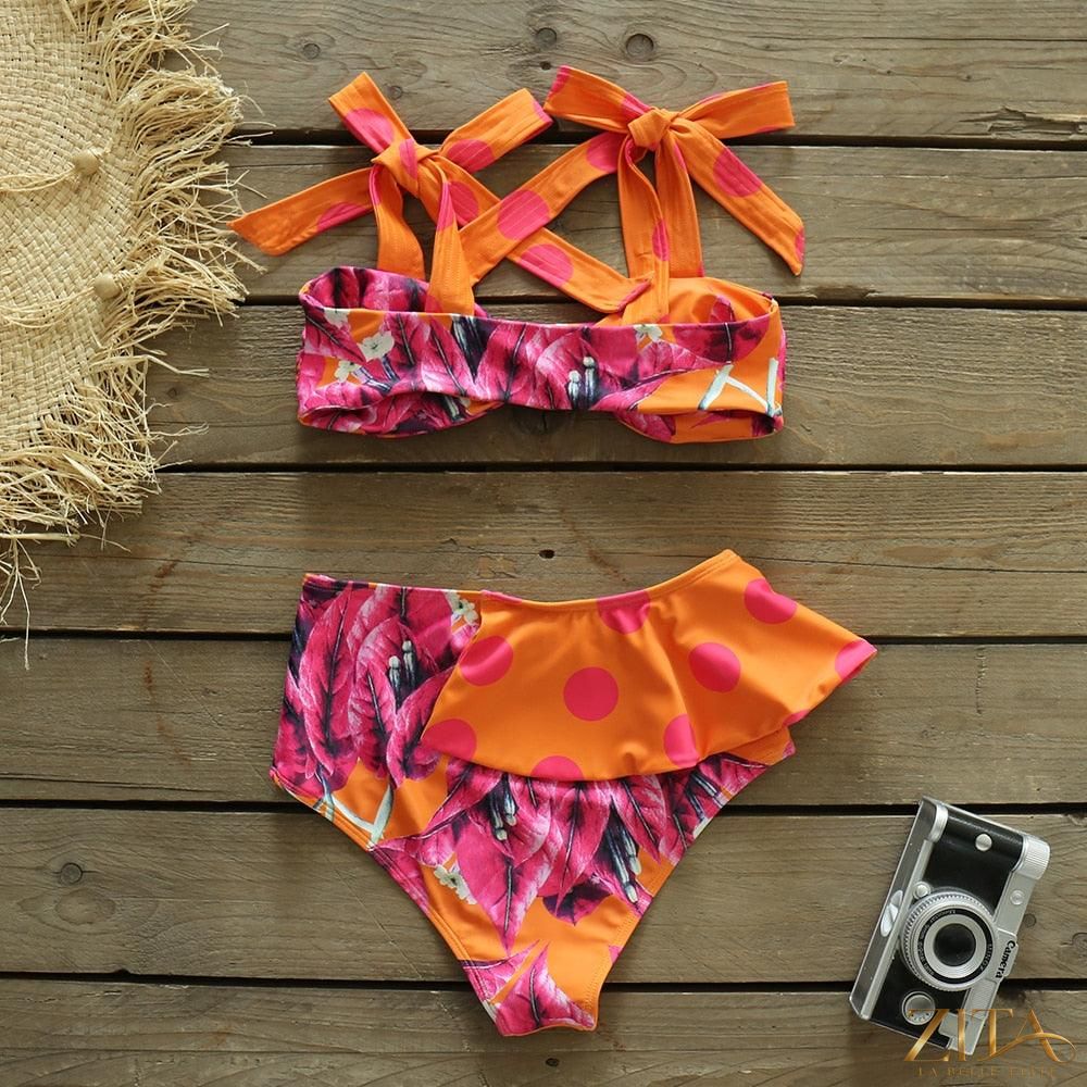 Zita La Belle Elite Ruffle Push-Up Bandage Bikini Set with padded bra and flounce ruffles, two-piece swimsuit for women at the beach.