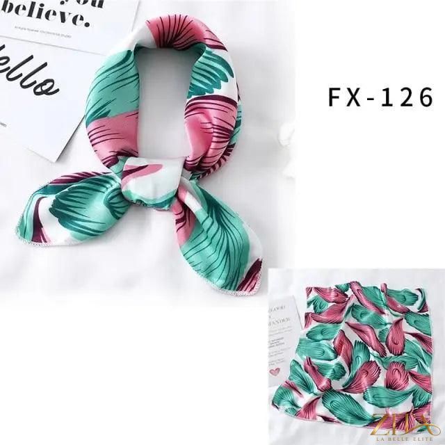 Printed square silk neck scarf for women by Zita La Belle Elite, showcasing vibrant floral and geometric patterns.