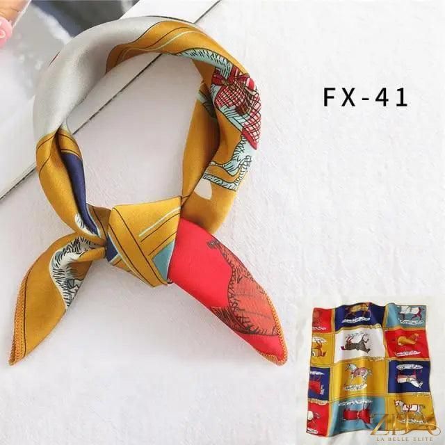 Printed square silk neck scarf for women, stylish and versatile, by Zita La Belle Elite, featuring a colorful floral pattern.