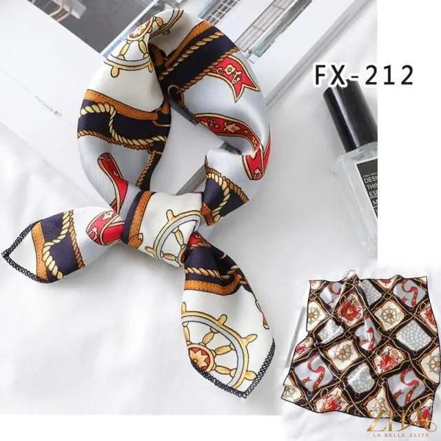 Printed square silk neck scarf for women, fashionable and versatile, by Zita La Belle Elite, featuring colorful floral and geometric patterns.