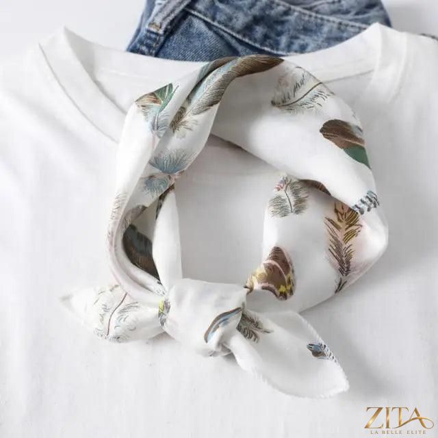 Printed square silk neck scarf by Zita La Belle Elite, stylish and versatile accessory for women featuring vibrant pattern.