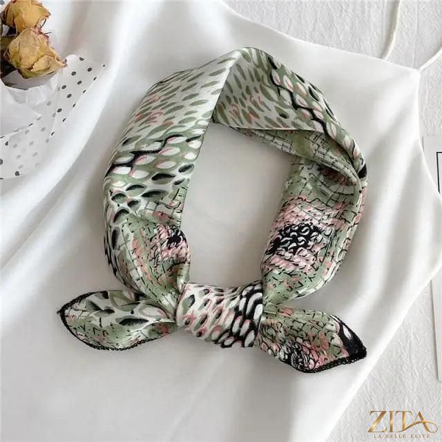 Printed square silk neck scarf by Zita La Belle Elite, featuring a fashionable floral design perfect for women’s accessories.