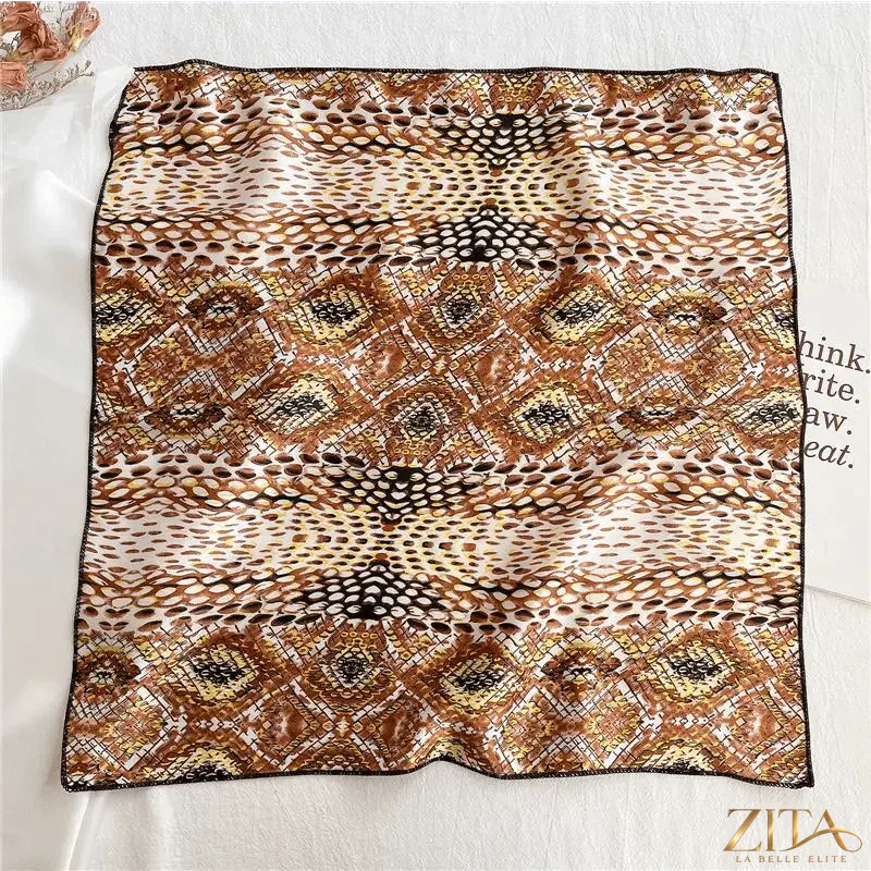 Printed square silk neck scarf for women by Zita La Belle Elite, featuring a fashionable, versatile design.