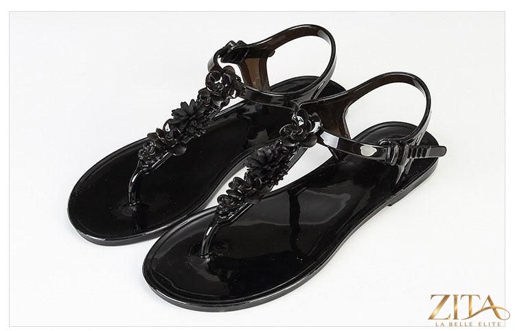 Zita La Belle Elite Flower T-Strap Flat Thong Sandals for women, breathable summer beach slip-ons with a floral design.