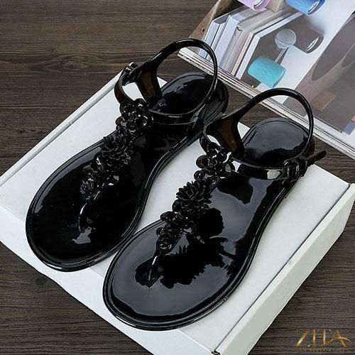 Women’s Zita La Belle Elite Flower T-Strap Flat Thong Sandals with breathable design, non-slip sole, perfect for summer beach and casual wear.