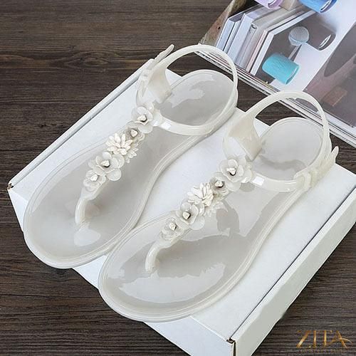 Zita La Belle Elite flower T-strap flat thong sandals for women, breathable summer beach casual slip-on slides with floral design.