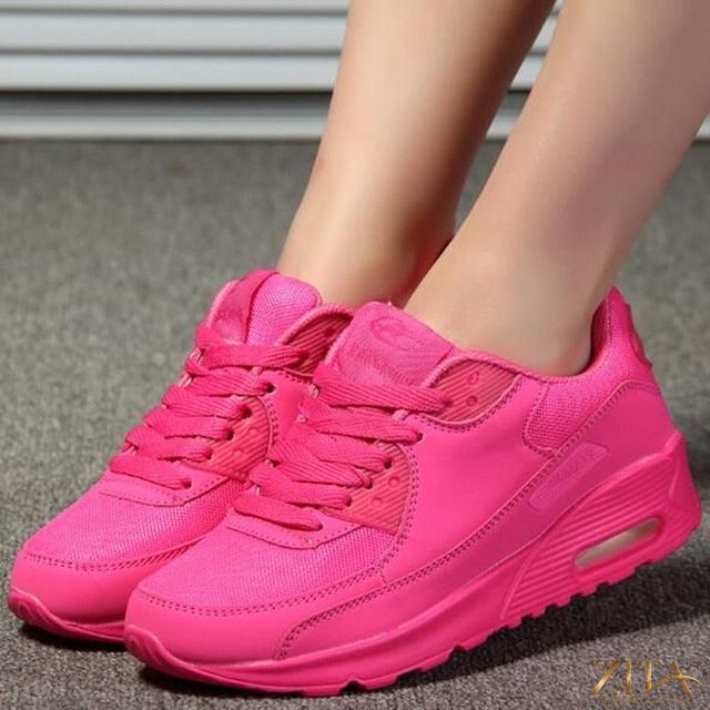 Women’s breathable platform air cushion sneakers in green, black, and pink by Zita La Belle Elite, featuring lightweight, casual athletic design.