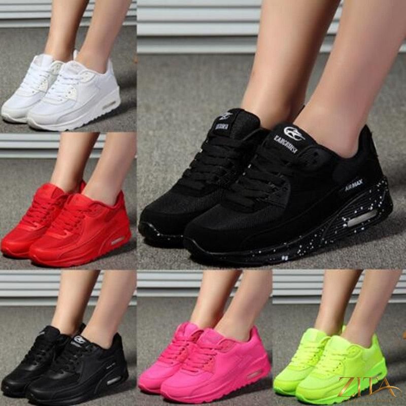 Women’s Zita La Belle Elite breathable platform air cushion sneakers in green, black, and pink with lightweight sporty design.