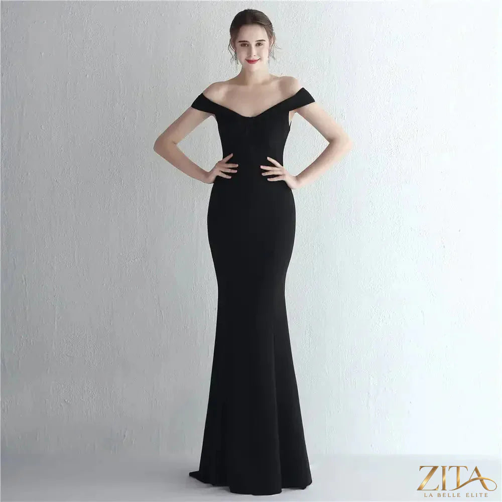 Slim-fit off-shoulder long evening dress for women by Zita La Belle Elite, featuring elegant design and fitted silhouette.